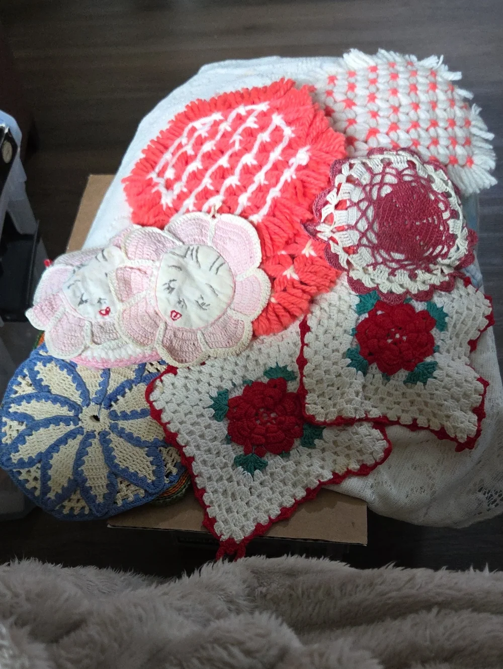 Handmade Crochet Flower Coasters - Red, Pink, Cream Estate Bundle